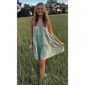 HYFVE- Tie Strap Tiered Lined Mini Dress-Sage-Size Medium-NWT